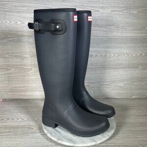 Hunter Original Tour Tall Boots Women 9 Luna Gray Black Rubber Buckle Waterproof